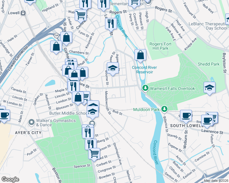 map of restaurants, bars, coffee shops, grocery stores, and more near 139 Andrews Street in Lowell