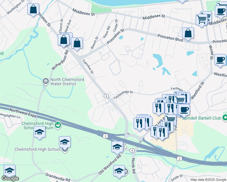 map of restaurants, bars, coffee shops, grocery stores, and more near 2 Technology Drive in Chelmsford