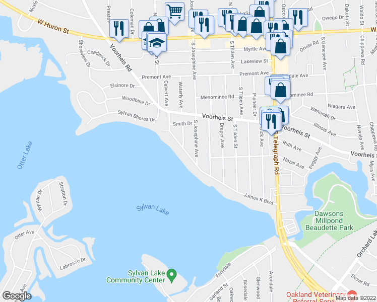 map of restaurants, bars, coffee shops, grocery stores, and more near 224 South Josephine Avenue in Pontiac