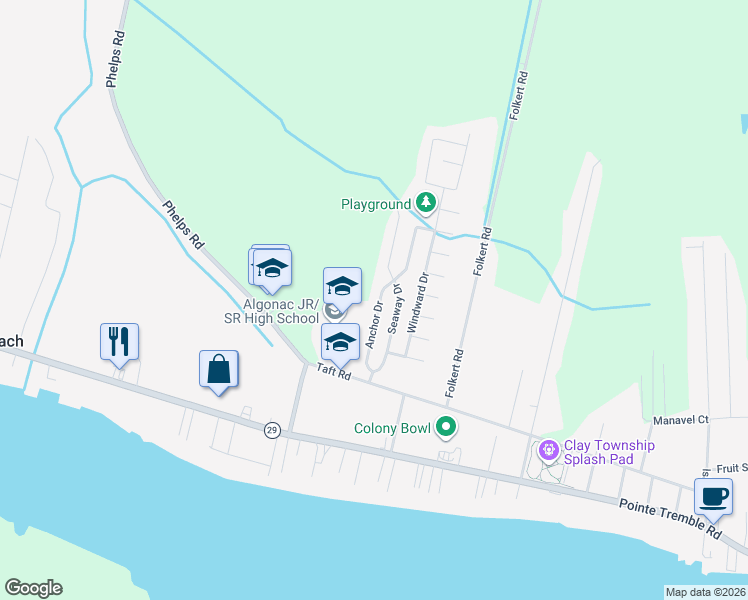 map of restaurants, bars, coffee shops, grocery stores, and more near 9648 Anchor Drive in Clay Township