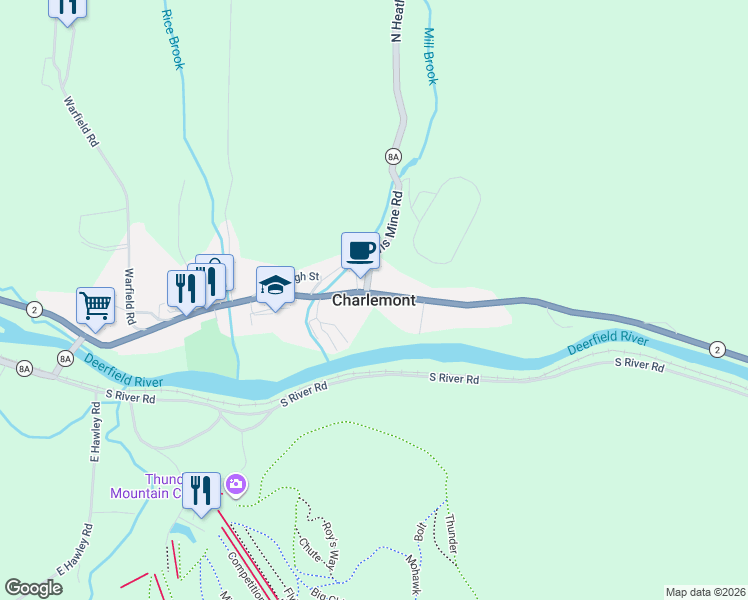 map of restaurants, bars, coffee shops, grocery stores, and more near in Charlemont