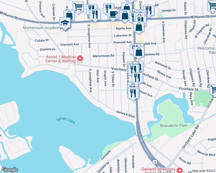 map of restaurants, bars, coffee shops, grocery stores, and more near 225 Draper Avenue in Pontiac
