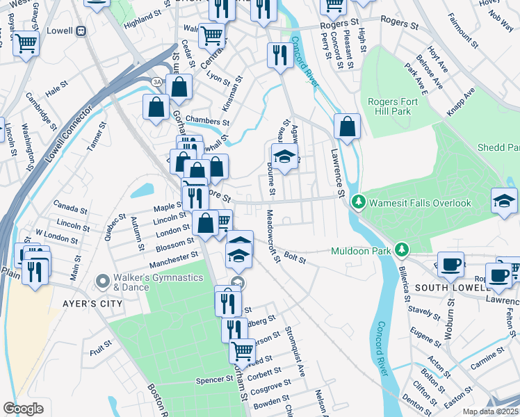 map of restaurants, bars, coffee shops, grocery stores, and more near 16 Otis Street in Lowell