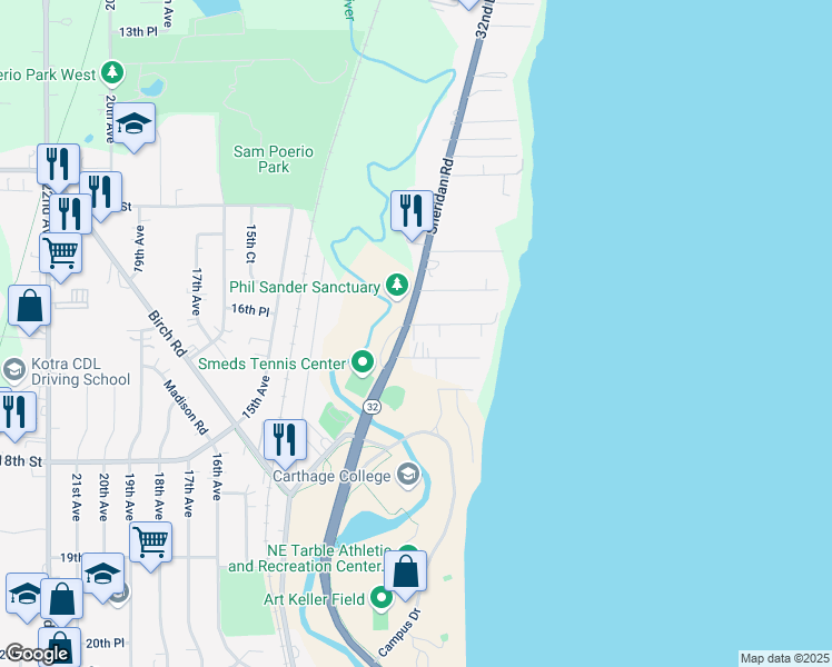 map of restaurants, bars, coffee shops, grocery stores, and more near 1617 Sheridan Road in Kenosha