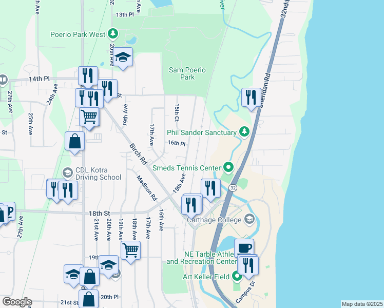 map of restaurants, bars, coffee shops, grocery stores, and more near 1623 15th Avenue in Kenosha