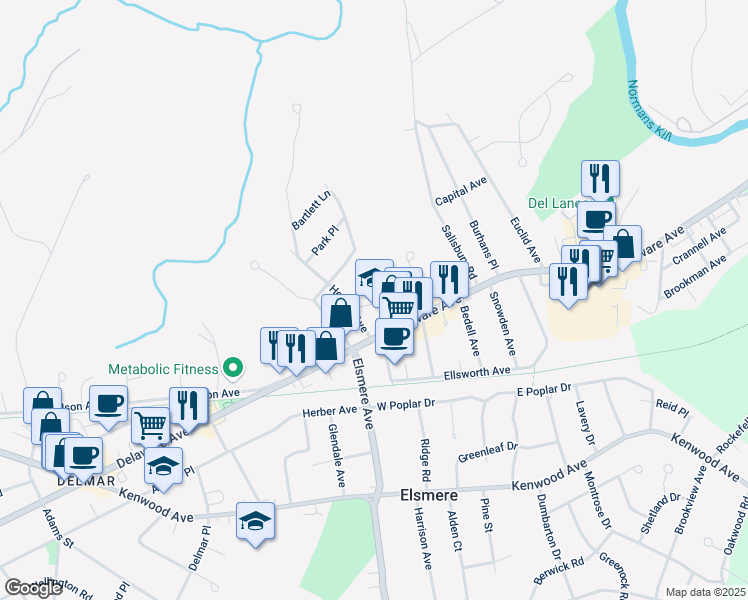 map of restaurants, bars, coffee shops, grocery stores, and more near 247 Delaware Avenue in Delmar