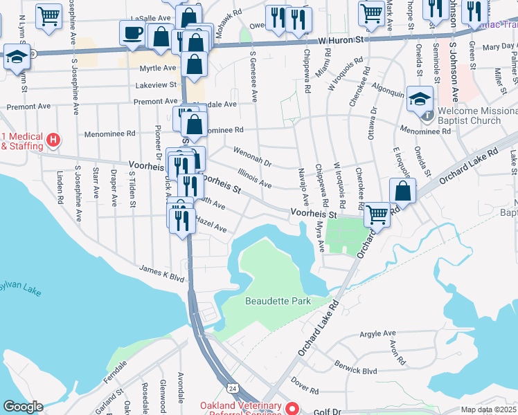 map of restaurants, bars, coffee shops, grocery stores, and more near 65 Illinois Avenue in Pontiac