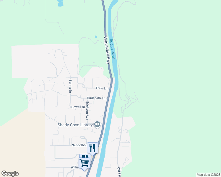 map of restaurants, bars, coffee shops, grocery stores, and more near 22763 Crater Lake Highway in Shady Cove