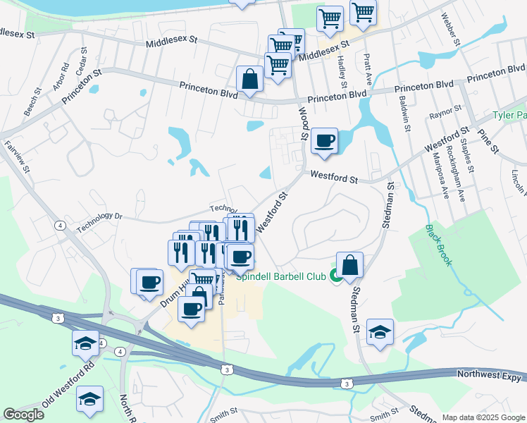map of restaurants, bars, coffee shops, grocery stores, and more near 1201 Westford Street in Lowell