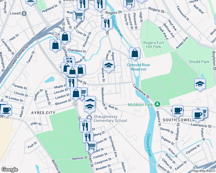 map of restaurants, bars, coffee shops, grocery stores, and more near 139 Andrews Street in Lowell