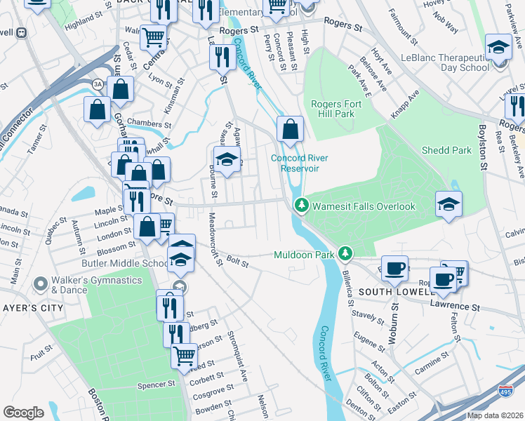 map of restaurants, bars, coffee shops, grocery stores, and more near 240 Moore Street in Lowell