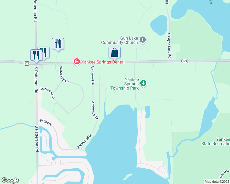 map of restaurants, bars, coffee shops, grocery stores, and more near 12404 Bayview Drive in Wayland