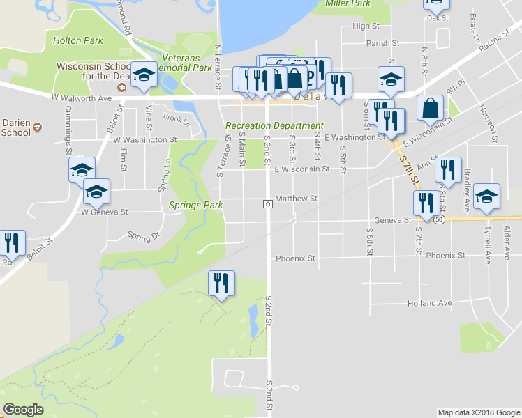 map of restaurants, bars, coffee shops, grocery stores, and more near 408 South 2nd Street in Delavan