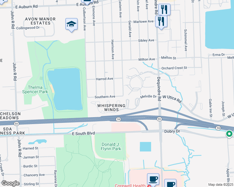 map of restaurants, bars, coffee shops, grocery stores, and more near 3617 Harrison Avenue in Rochester Hills