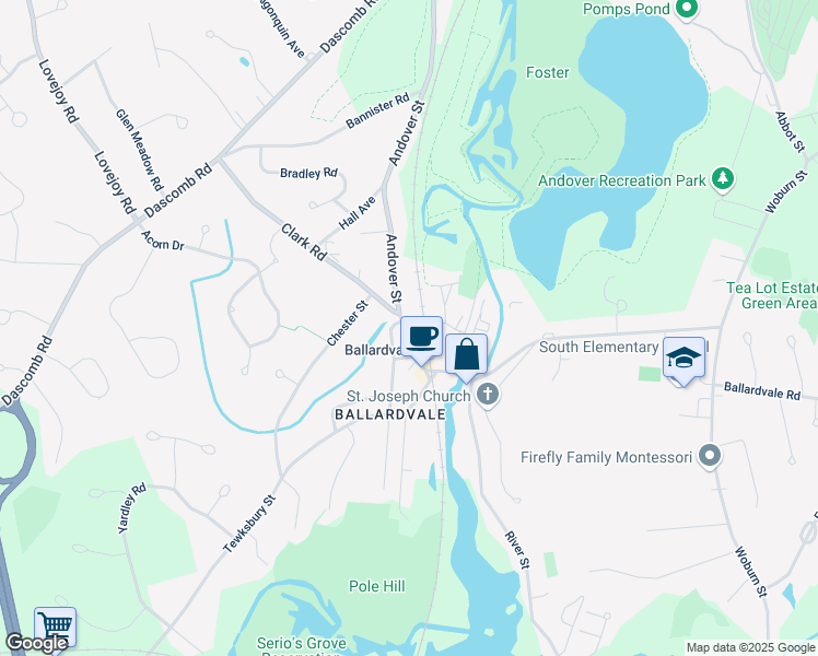 map of restaurants, bars, coffee shops, grocery stores, and more near 164 Andover Street in Andover