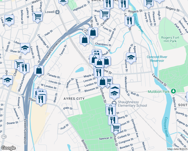 map of restaurants, bars, coffee shops, grocery stores, and more near 953 Gorham Street in Lowell