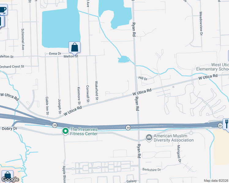 map of restaurants, bars, coffee shops, grocery stores, and more near 3604 Eagle Creek Drive in Macomb County