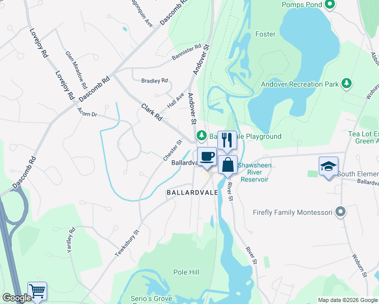 map of restaurants, bars, coffee shops, grocery stores, and more near 163 Andover Street in Andover