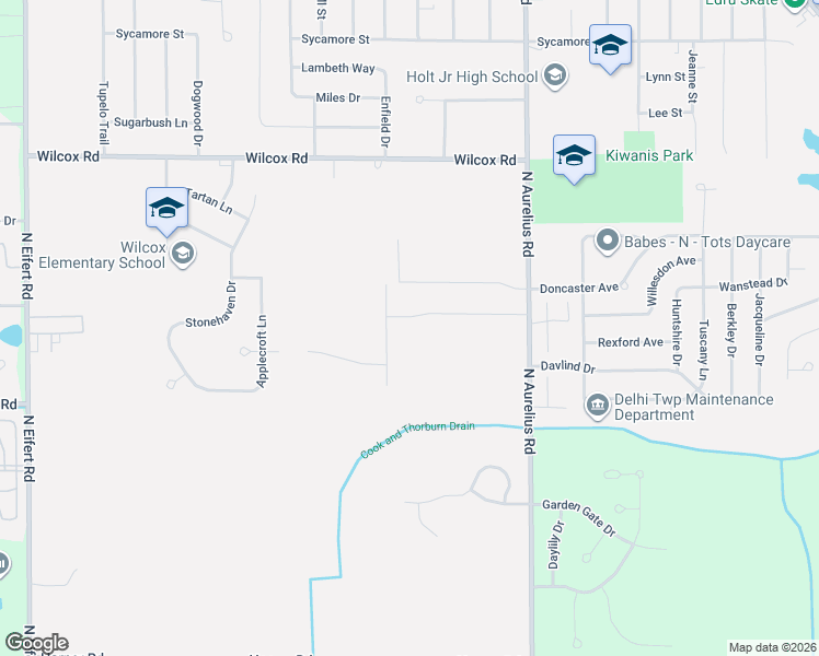map of restaurants, bars, coffee shops, grocery stores, and more near 4625 Glenberry Drive in Delhi Charter Township