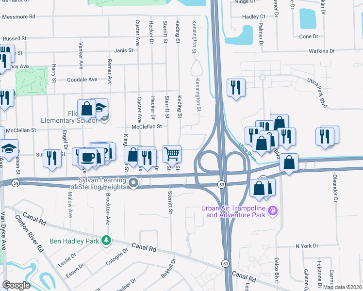 map of restaurants, bars, coffee shops, grocery stores, and more near 45220 Keding Street in Utica