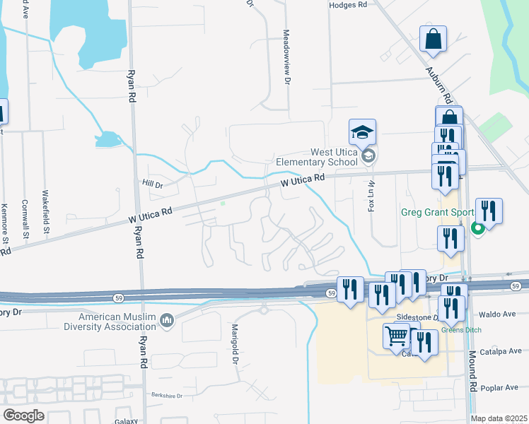 map of restaurants, bars, coffee shops, grocery stores, and more near 45400 Ashwood Court in Shelby Township