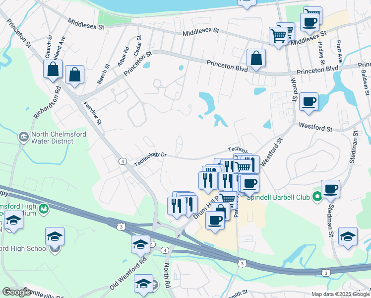 map of restaurants, bars, coffee shops, grocery stores, and more near 6 Technology Drive in Chelmsford