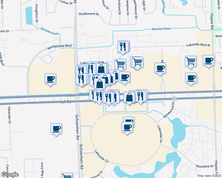 map of restaurants, bars, coffee shops, grocery stores, and more near 13957 Hall Road in Shelby Township