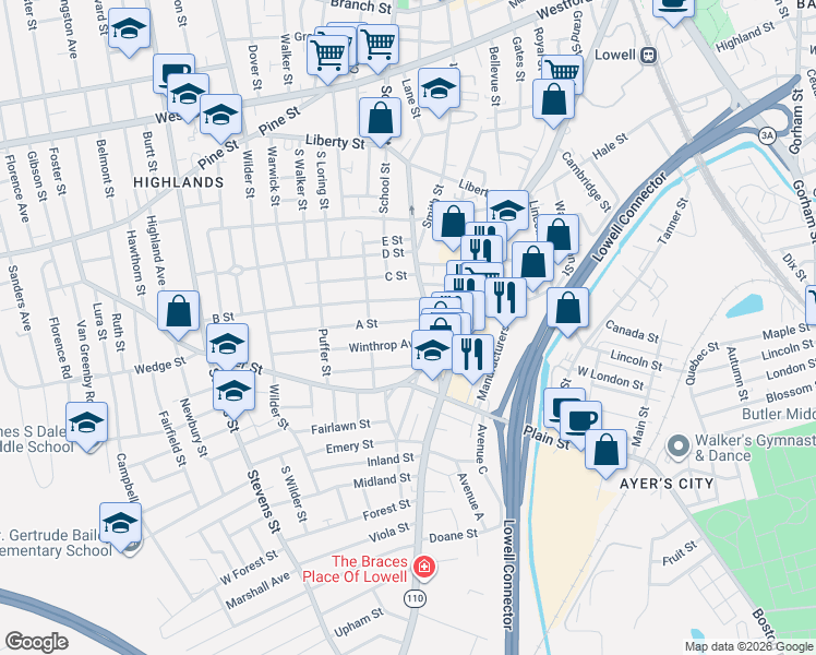 map of restaurants, bars, coffee shops, grocery stores, and more near 75 A Street in Lowell