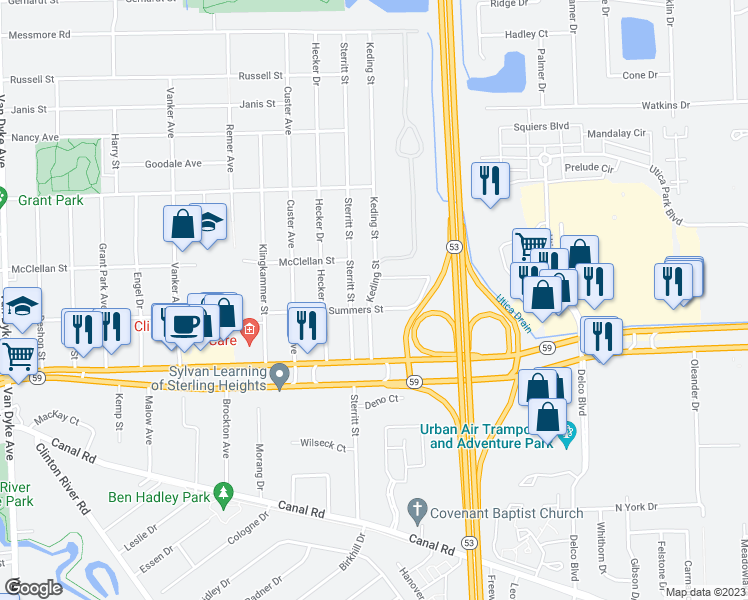 map of restaurants, bars, coffee shops, grocery stores, and more near 45280 Village Square in Utica