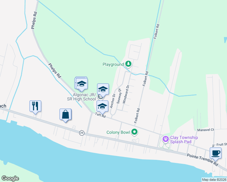 map of restaurants, bars, coffee shops, grocery stores, and more near 9664 Anchor Drive in Clay Township