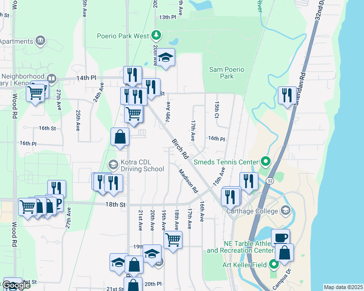 map of restaurants, bars, coffee shops, grocery stores, and more near 1645 Birch Road in Kenosha
