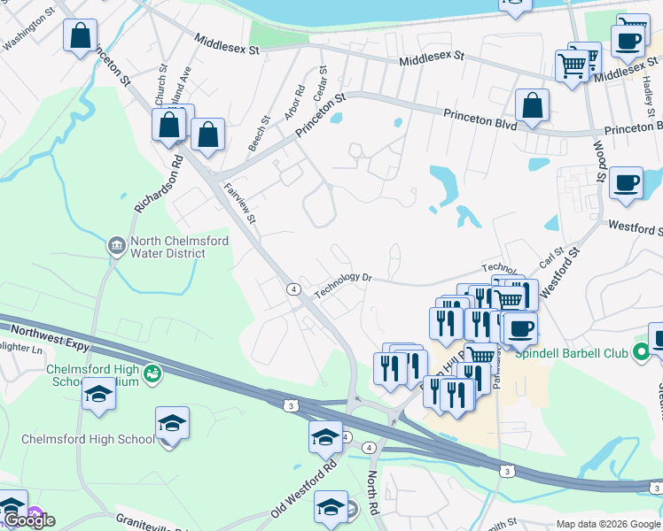map of restaurants, bars, coffee shops, grocery stores, and more near 4 Technology Drive in Chelmsford