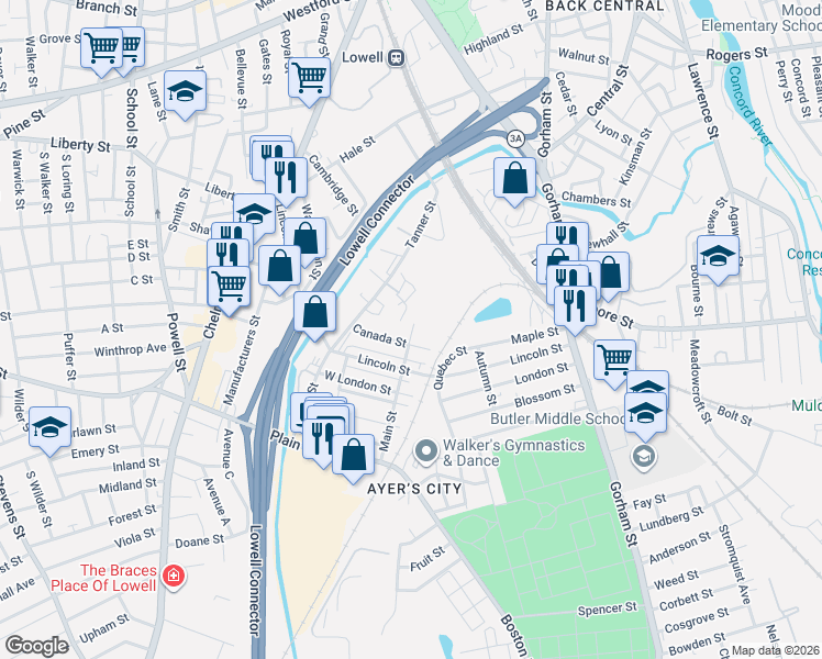 map of restaurants, bars, coffee shops, grocery stores, and more near 5 Main Street in Lowell