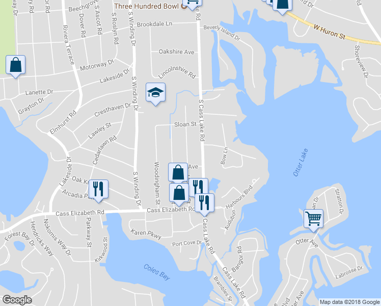 map of restaurants, bars, coffee shops, grocery stores, and more near 745 Hogarth Street in Waterford Township