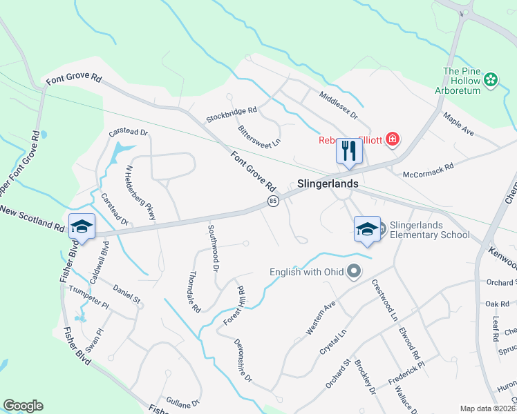map of restaurants, bars, coffee shops, grocery stores, and more near 0 Slingerland Street in Slingerlands