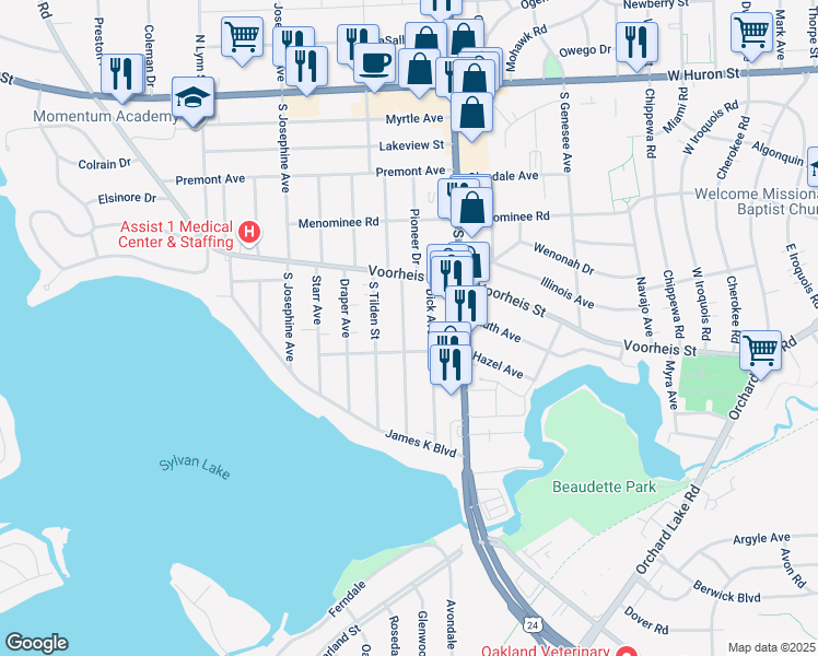 map of restaurants, bars, coffee shops, grocery stores, and more near 241 Pioneer Avenue in Pontiac