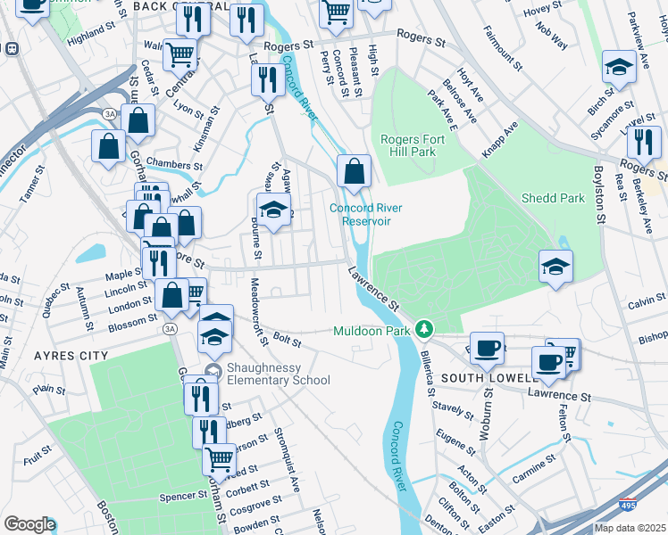map of restaurants, bars, coffee shops, grocery stores, and more near 240 Moore Street in Lowell