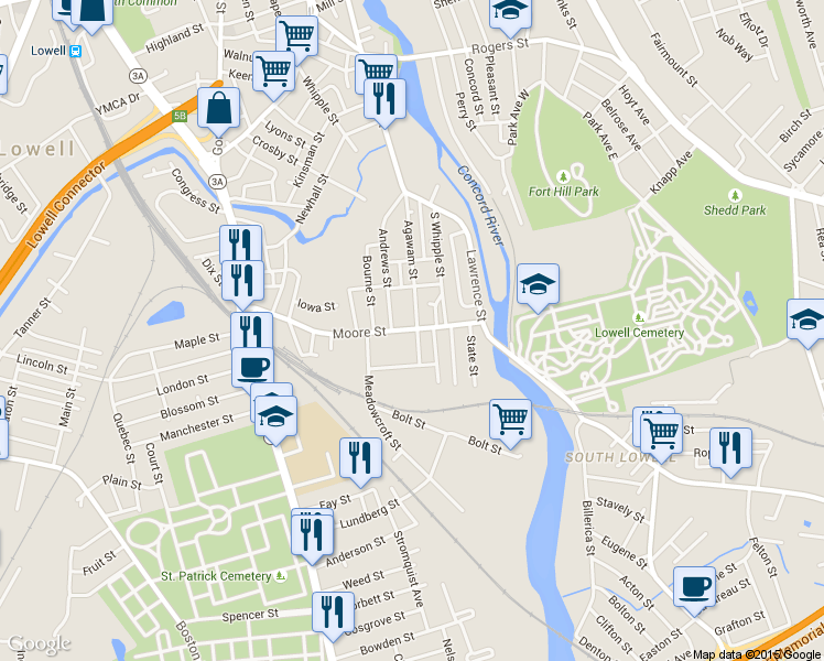 map of restaurants, bars, coffee shops, grocery stores, and more near 132 Agawam Street in Lowell