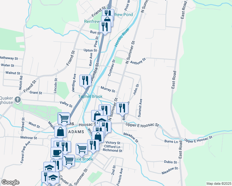 map of restaurants, bars, coffee shops, grocery stores, and more near 51 North Summer Street in Adams