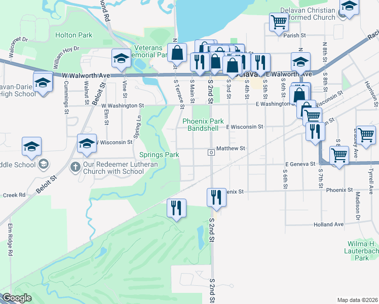 map of restaurants, bars, coffee shops, grocery stores, and more near 324 South Main Street in Delavan