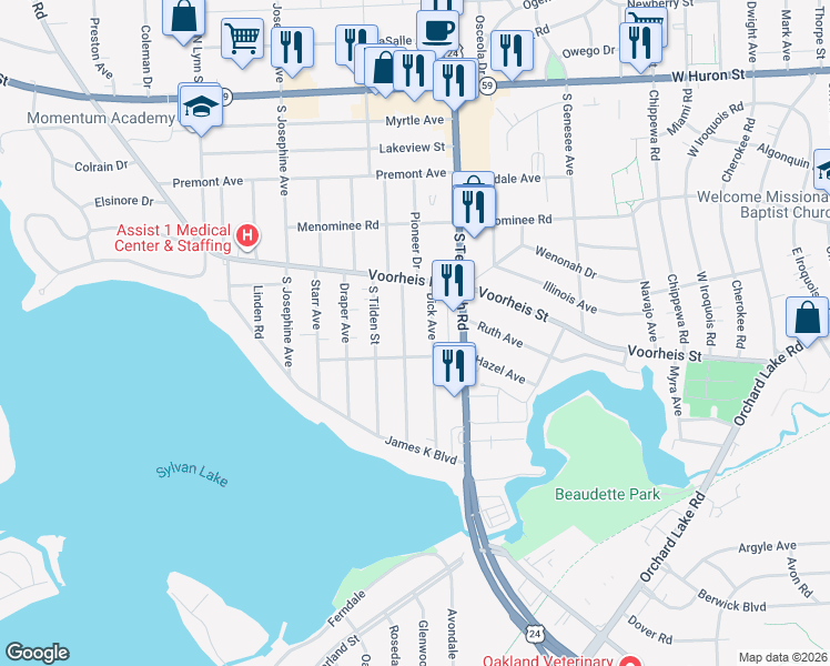 map of restaurants, bars, coffee shops, grocery stores, and more near 241 Pioneer Drive in Pontiac