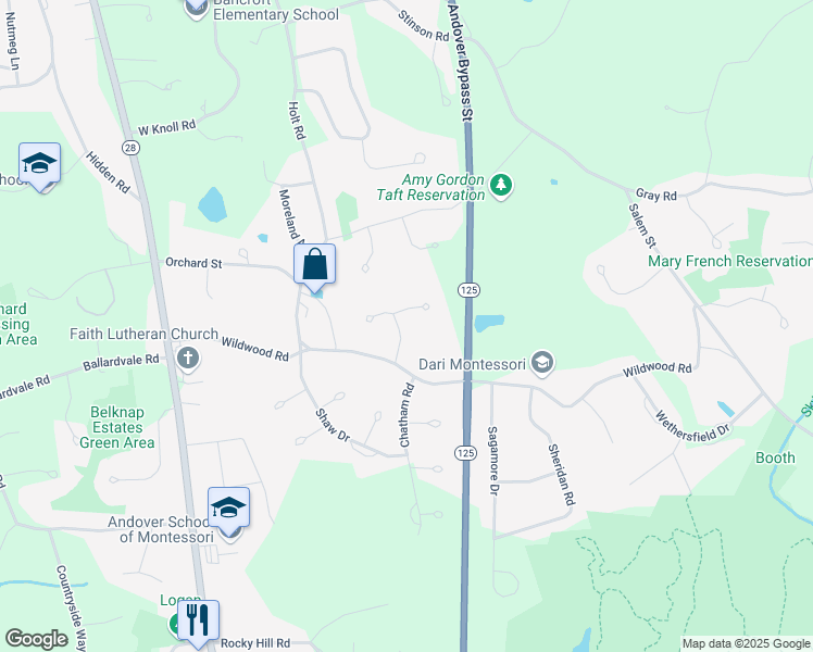 map of restaurants, bars, coffee shops, grocery stores, and more near 5 Ivy Lane in Andover