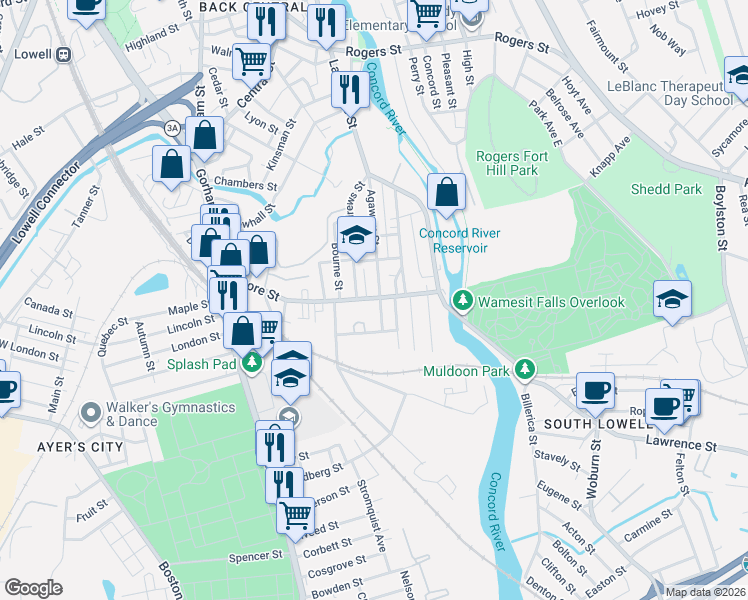 map of restaurants, bars, coffee shops, grocery stores, and more near 132 Agawam Street in Lowell