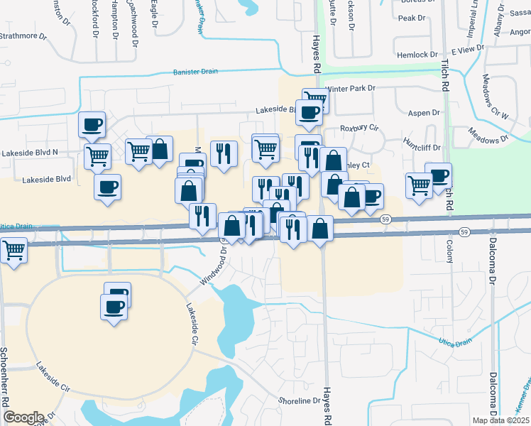 map of restaurants, bars, coffee shops, grocery stores, and more near 15069 Hall Road in Shelby Township