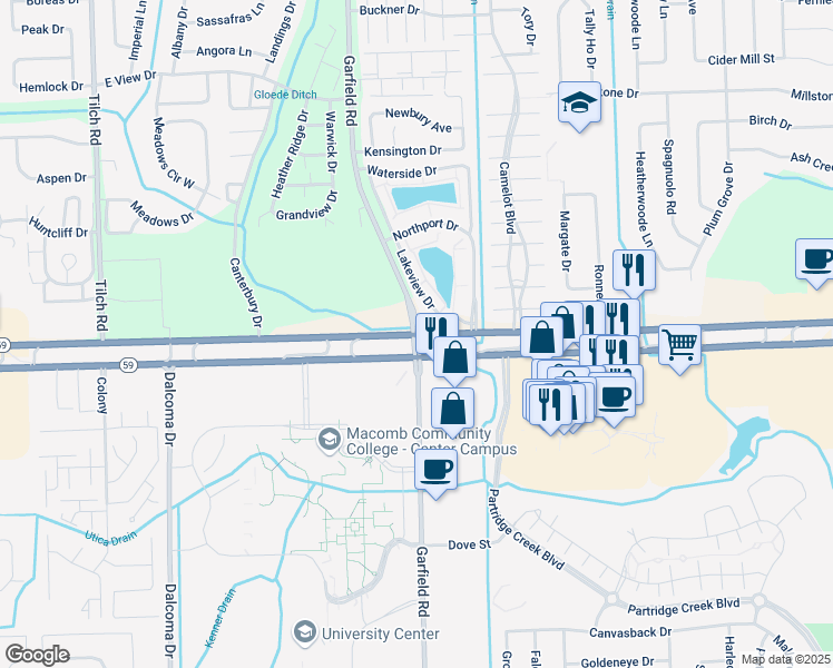 map of restaurants, bars, coffee shops, grocery stores, and more near Hall Rd & Garfield Rd in Macomb