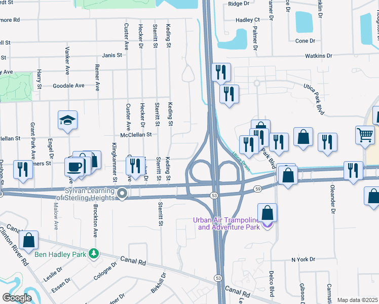 map of restaurants, bars, coffee shops, grocery stores, and more near 65 Summers Street in Utica