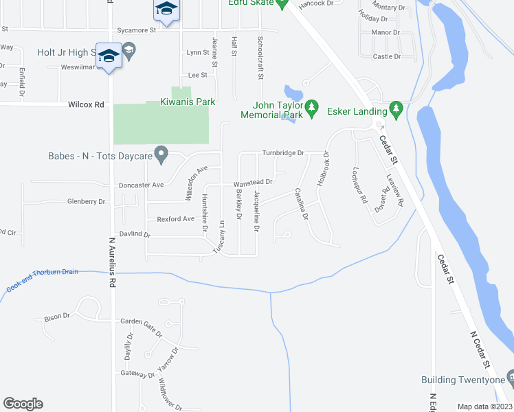 map of restaurants, bars, coffee shops, grocery stores, and more near Jacqueline Drive in Delhi charter Township