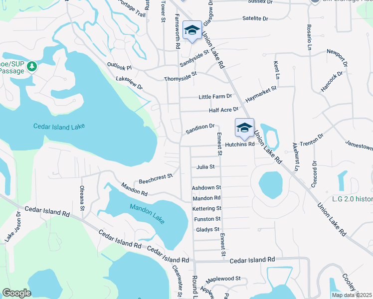 map of restaurants, bars, coffee shops, grocery stores, and more near 800 Round Lake Road in White Lake charter Township