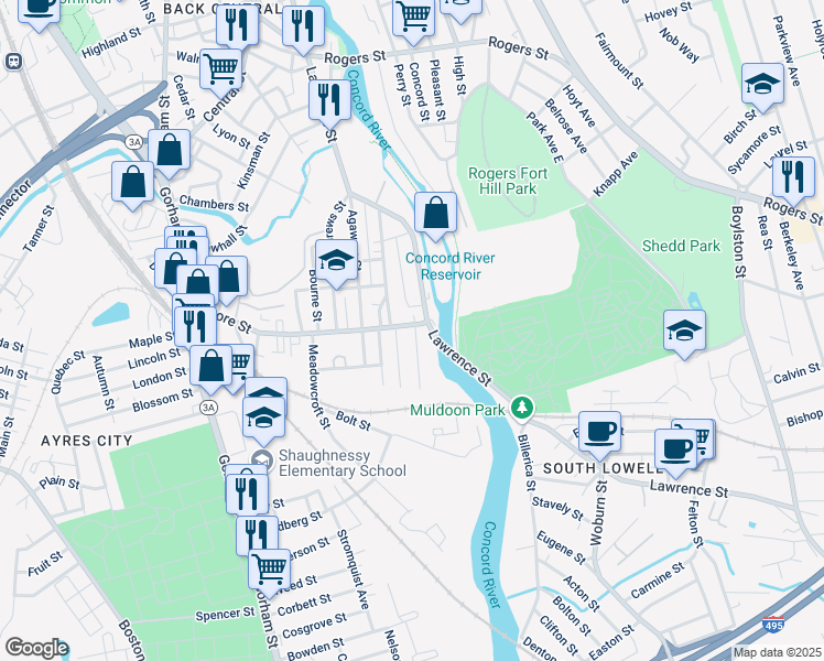 map of restaurants, bars, coffee shops, grocery stores, and more near 240 Moore Street in Lowell