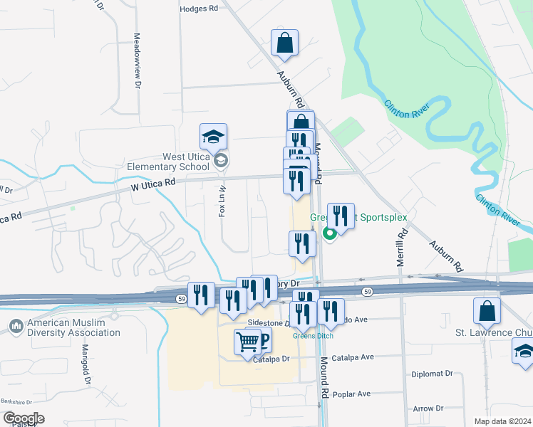 map of restaurants, bars, coffee shops, grocery stores, and more near Utica Green W in Shelby Township